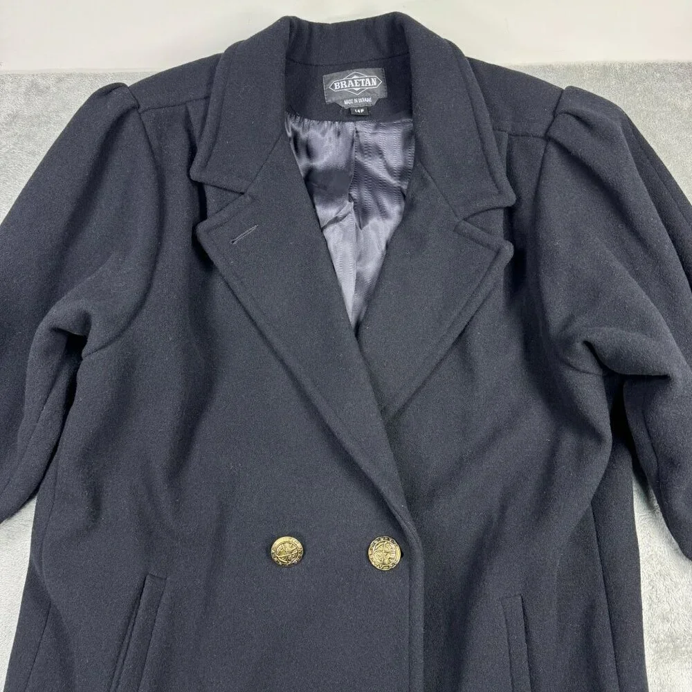 Vintage Wool Long Overcoat 14P Black Double Breasted Gold Buttons Quiet Luxury